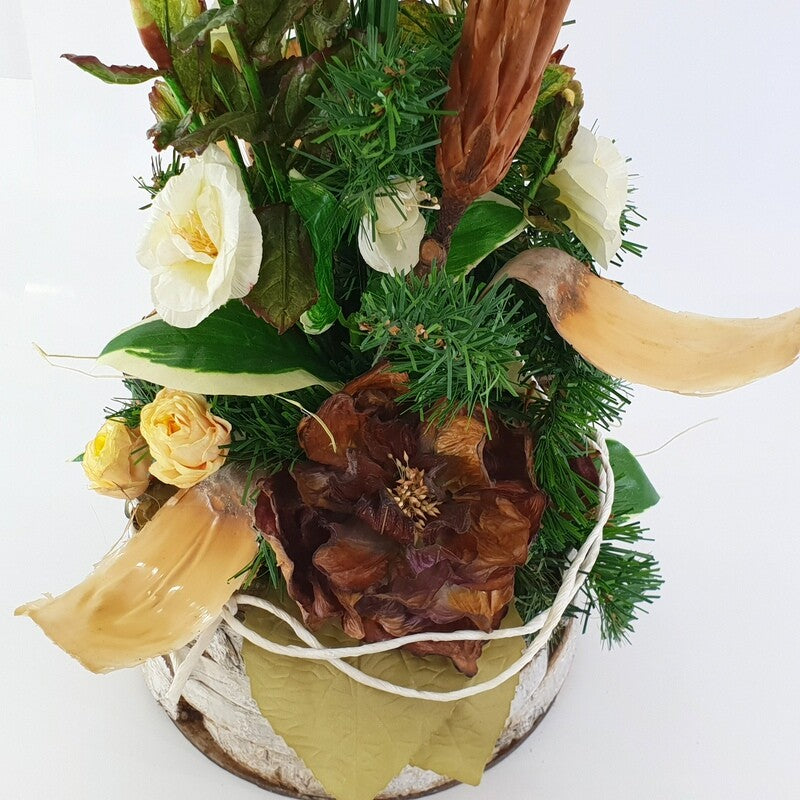 Grabschmuck Gesteck Stockrose Exoten Weiß Grün Natur Zapfen Badam künstlich