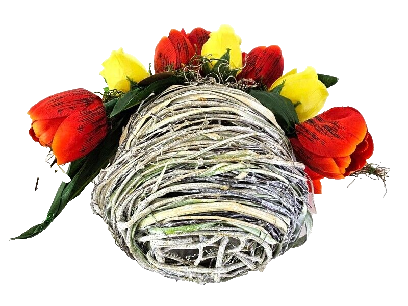 Casa-Poador Gesteck Kunstblumen Naturgefäß rund Kugel Tulpen FrühlingDekoration