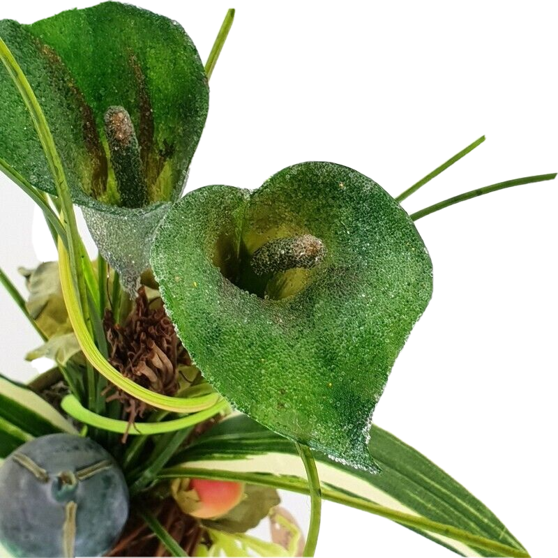 Gesteck Grün Kunstblumen Calla Wachsrose Fruchtstände GräserBast 40cm Dekoration