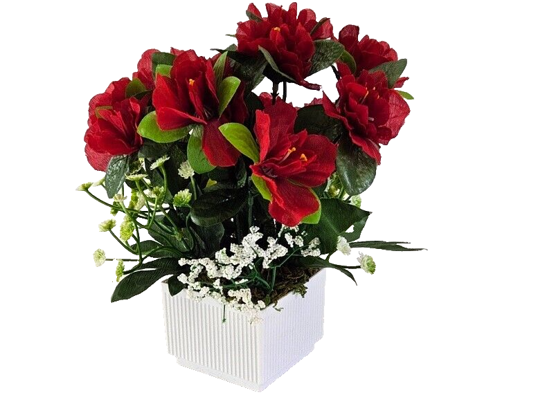 Topfblume Azalee künstlich Rot Weiß Kunstblume mini Schleierkraut Geschenk