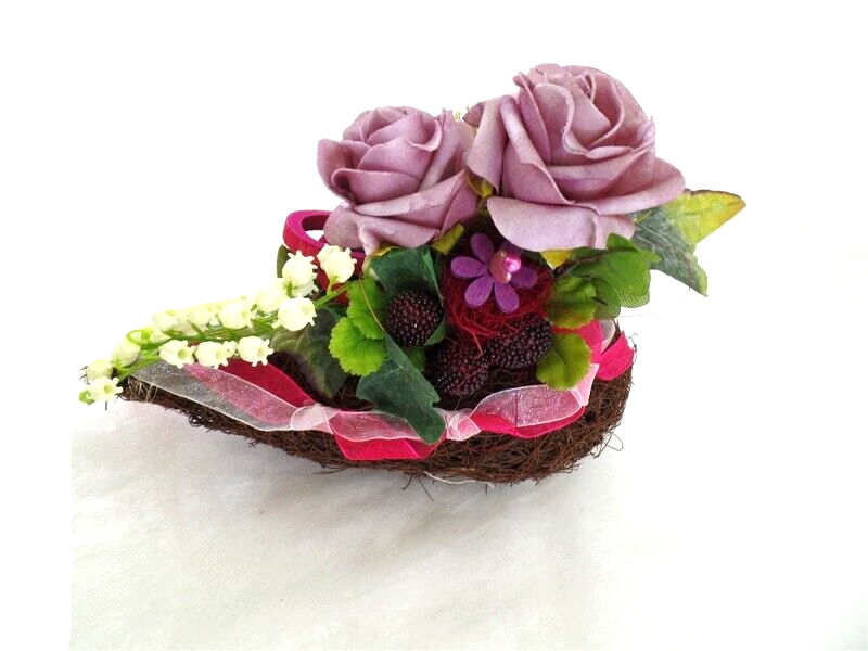 Grabschmuck Herz Reisigesteck Rosa Kunstblumen Natur Beeren Maiglöckchen