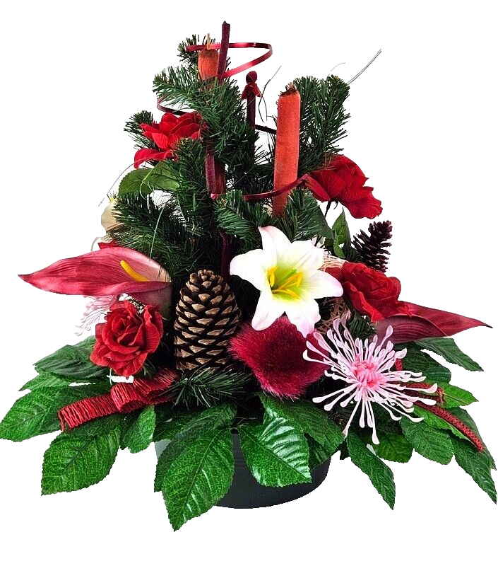Casa-Poador Grabgesteck Schale Rot Rosa Lilien Rosen Kunstblumen Friedhof