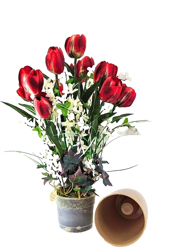 Casa-Poador Topfblume Tulpen Ginster Efeu künstlich Rot Weiß Kunstblume Deko