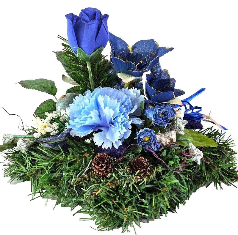 Grabschmuck Gesteck Kissen künstliche Blumen Tanne Christrose Blau Friedhof