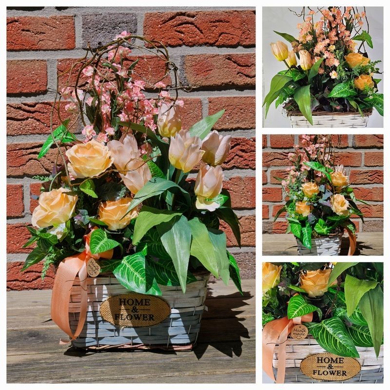Casa-Poador Kunstblumengesteck im Korb Lachs Apricot Tulpen Rosen Deko Geschenk