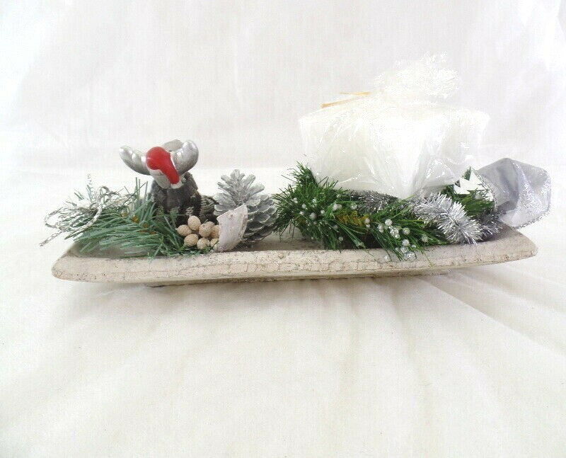 Adventsgesteck Weihnachten Tischschmuck Kerze Weiß Grau Silber Elchfigur