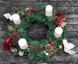CASA - POADOR ADVENTSKRANZ Rot Creme 40 cm künstliche Tanne Kerzen Zimt Zapfen Kugeln