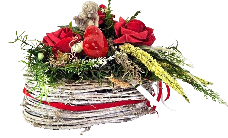 Grabschmuck Herz Reisigesteck Weiß Rot Foumrosen Herz Engel Kunstblumen Friedhof