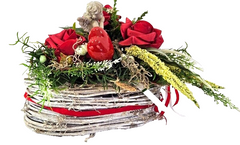 Grabschmuck Herz Reisigesteck Weiß Rot Foumrosen Herz Engel Kunstblumen Friedhof
