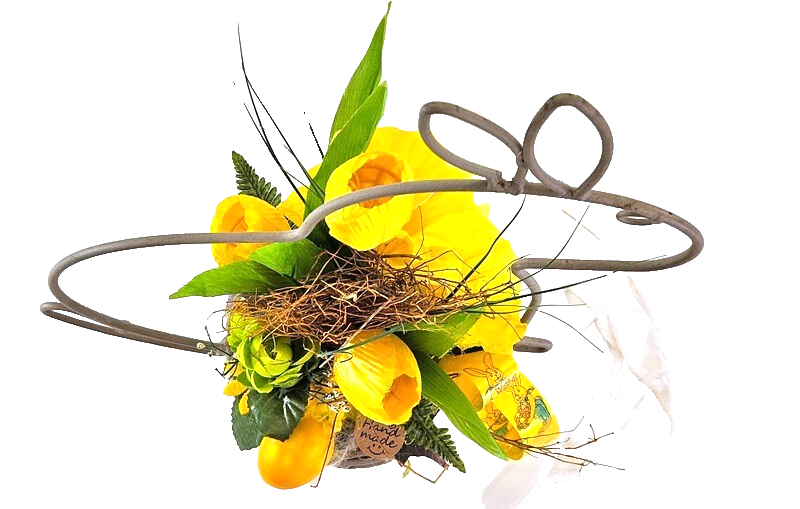 Casa-Poador Ostergesteck Gelb Kunstblumen Osterglocken Eier Hasengestell Deko