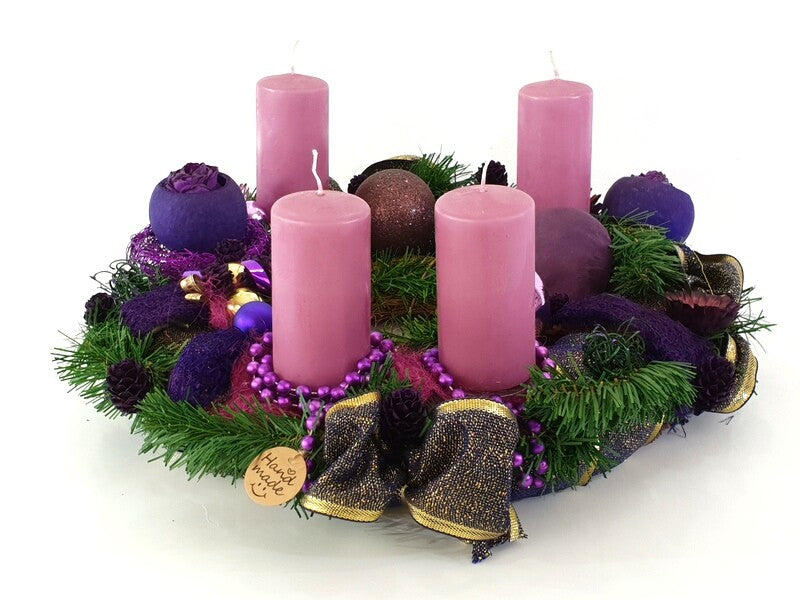 Adventskranz Kranz künstliche Tanne 40 cm Lila Gold Kerzen Kugeln Sterne Advent