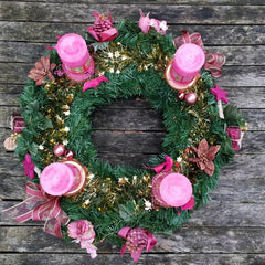 Adventskranz Rosa Pink Bourdaux künstliche Tanne 45 cm Kerzen Kugeln Sterne