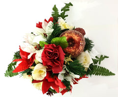 Grabgesteck Schale Weiß Rot Weihnachtsstern Rosen Seidentanne Zapfen Kunstblumen