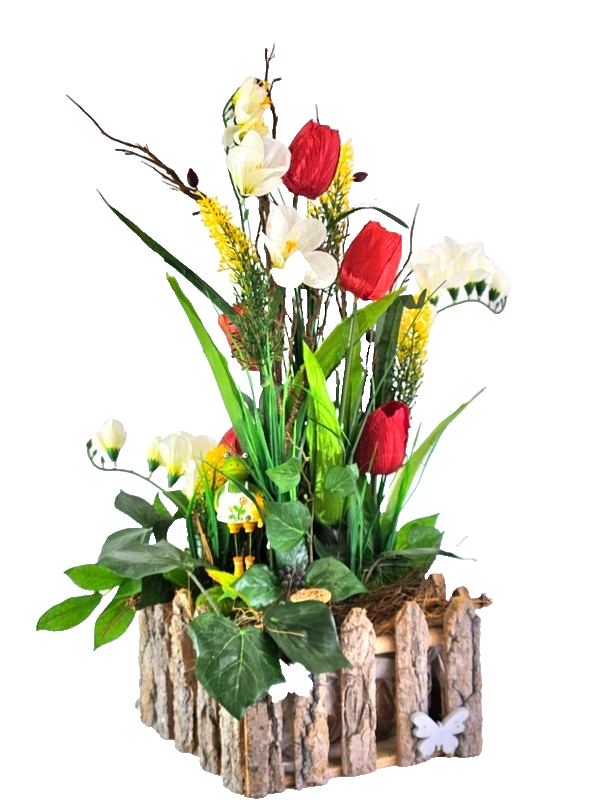 Casa-Poador Gesteck Kunstblumen Naturgefäß Tulpen Frühling FroschfigurDekoration