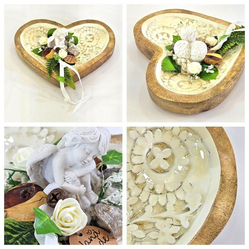 Casa-Poador Herzform aus Mangoholz Emaille Weiß Creme Holzschale Engel Friedhof