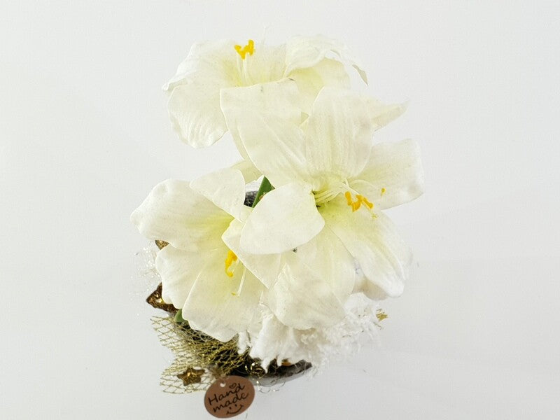 Weihnachtsgesteck Tischschmuck Amaryllis Weiß Gold Sterne Lampions Band