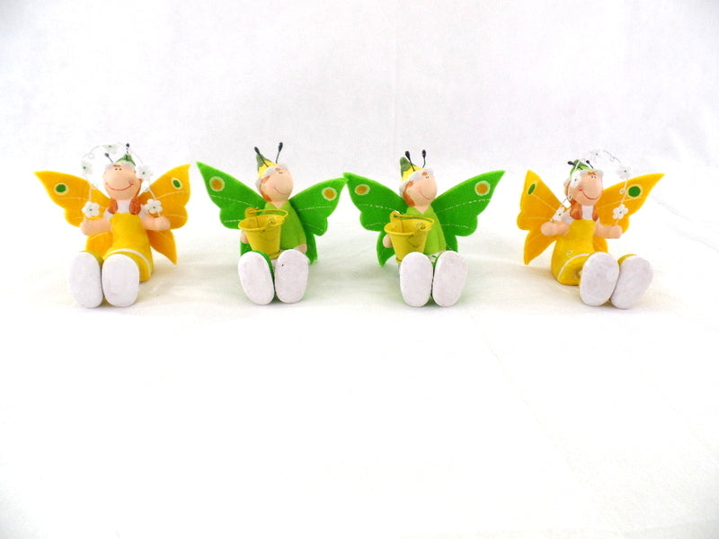 Schmetterling Elfen Figuren Set 4 Stck sitzend Keramik Ton Gelb Grün 8 cm