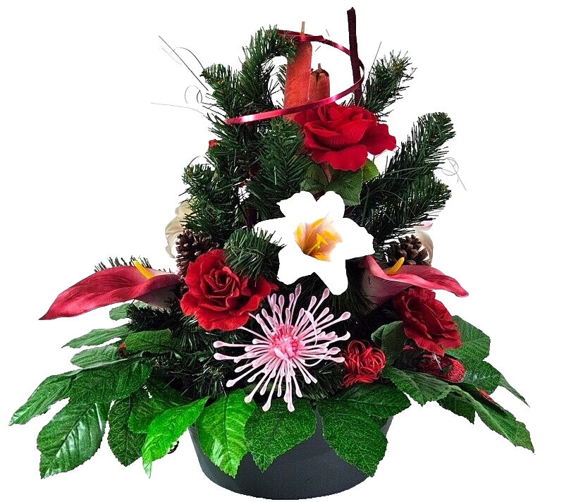 Casa-Poador Grabgesteck Schale Rot Rosa Lilien Rosen Kunstblumen Friedhof