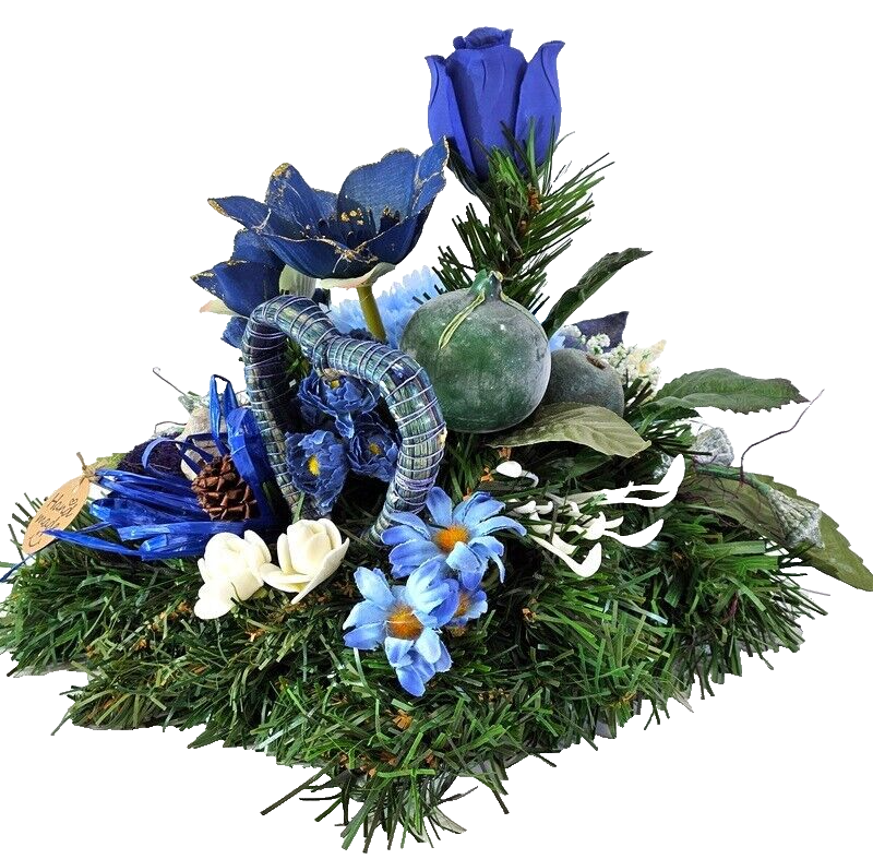Grabschmuck Gesteck Kissen künstliche Blumen Tanne Christrose Blau Friedhof