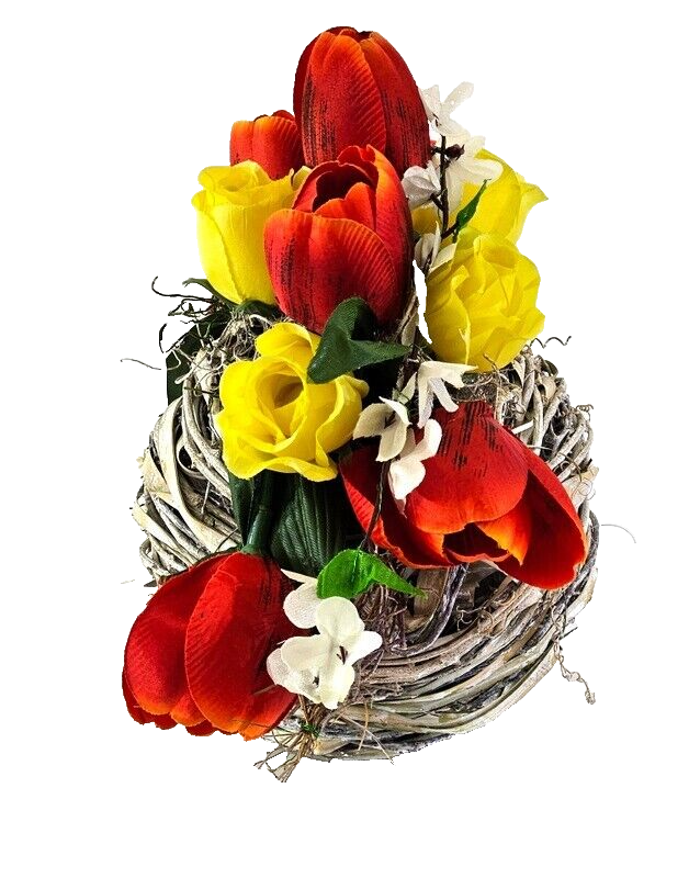 Casa-Poador Gesteck Kunstblumen Naturgefäß rund Kugel Tulpen FrühlingDekoration