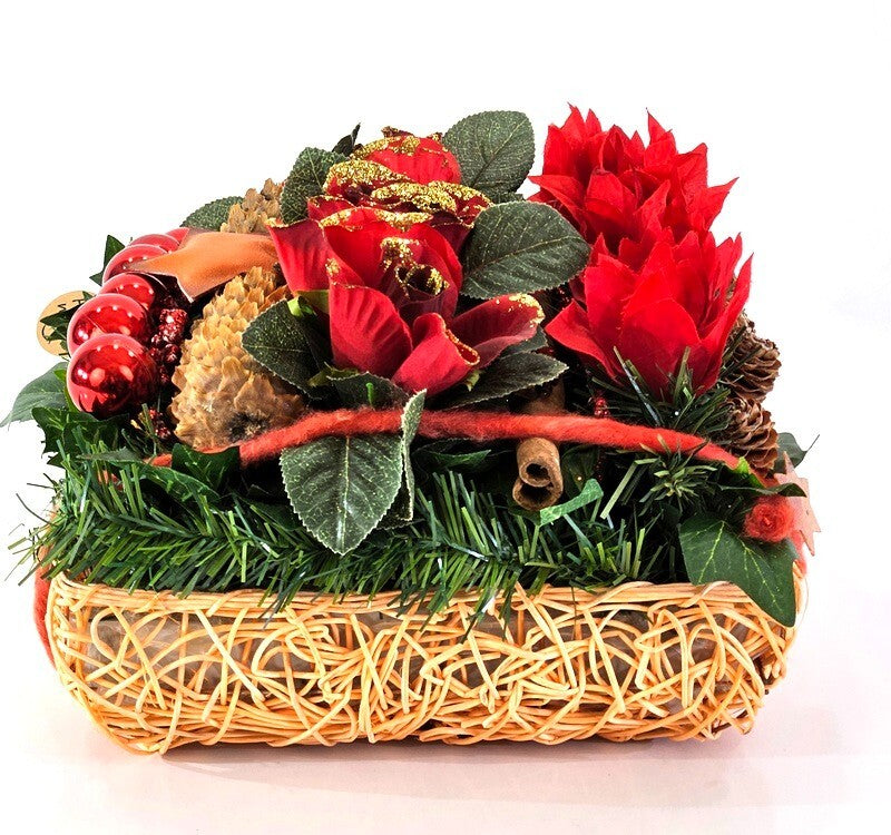 Casa-Poador Weihnachtsgesteck künstliche Accessoires Zapfen Tanne Kugeln Rosen