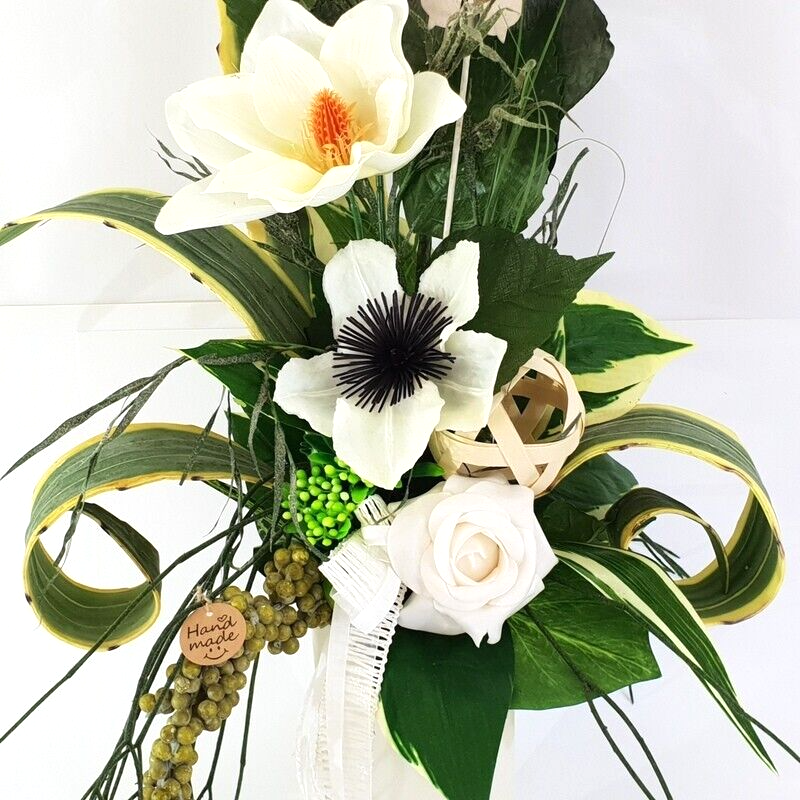 Strauß Weiß Creme Magnolie Foamrose stufig gebunden Sanseverie Kunstblumen 70 cm