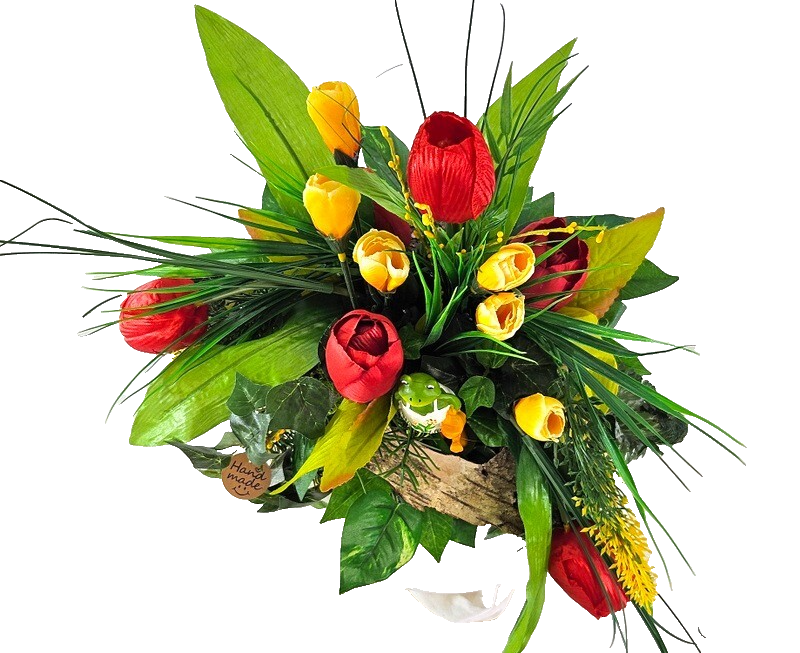 Casa-Poador Gesteck Kunstblumen Naturgefäß Gießkanne Tulpen Frühling Dekoration