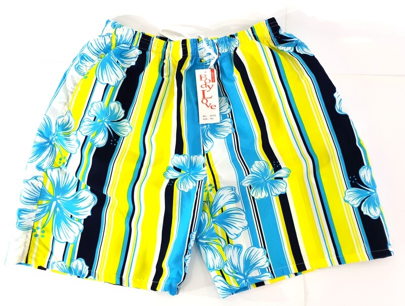 Badehose Badeshorts M / L Lotus Shorts geblümt gestreift Gelb Blau Shorts