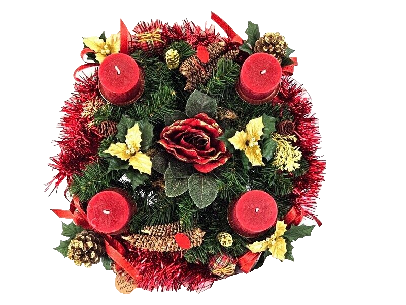 Adventskranz Rot Gold künstliche Tanne 30 cm Kerzen Zapfen Rote Rose