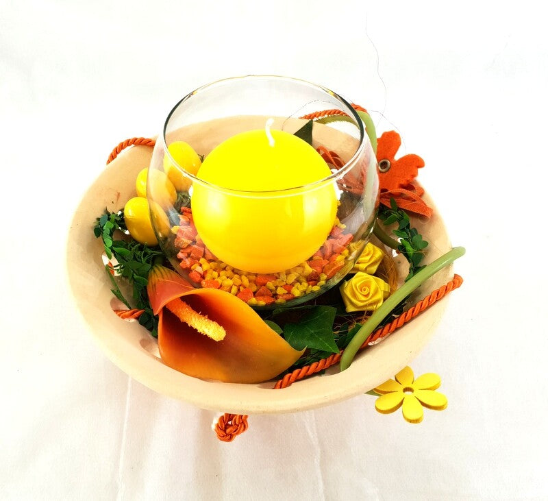 Gesteck Seide Orange Gelb Calla Kunstblumen Glasgefäß rund Kerze Dekoration