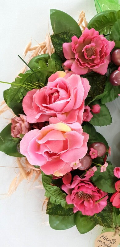 Kranz Tür / Wand Kranz künstlich wie echt Rosen Rosa Grün 25 cm Hafer