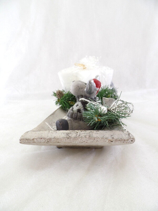 Adventsgesteck Weihnachten Tischschmuck Kerze Weiß Grau Silber Elchfigur