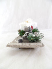 Adventsgesteck Weihnachten Tischschmuck Kerze Weiß Grau Silber Elchfigur