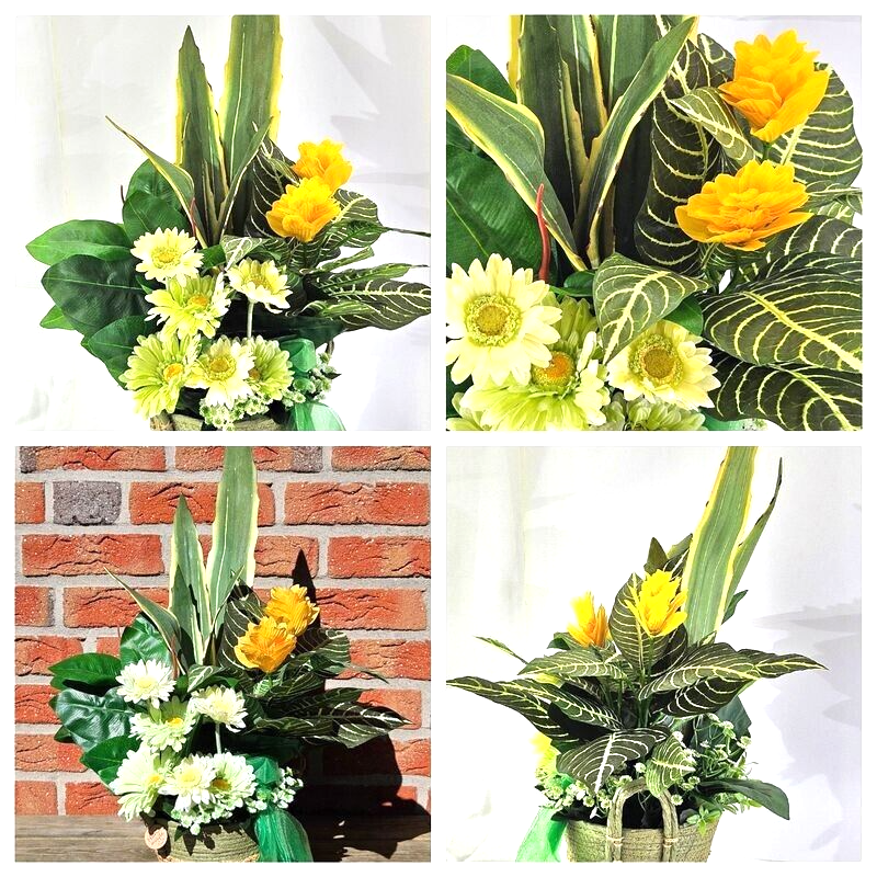 Casa-Poador Gesteck Kunstblumen Korb Topf rund Gelb Weiß Gummibaum Gerbera