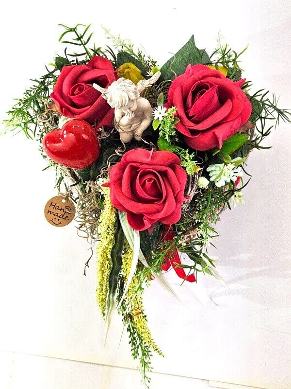 Grabschmuck Herz Reisigesteck Weiß Rot Foumrosen Herz Engel Kunstblumen Friedhof