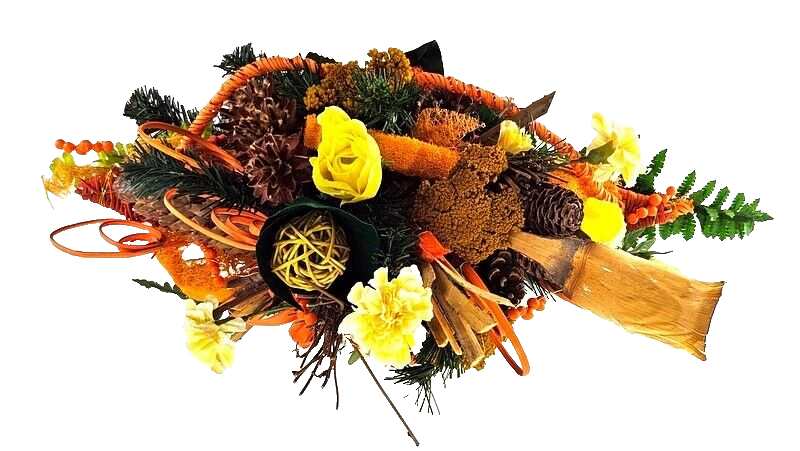 Grabstrauß Gelb Orange Naturmaterial künstliche Blumen Querstrauß Friedhof