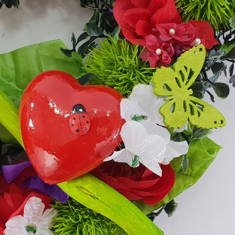 Herz Reisigunterlage Rot Weiß Lila Kunstblumen Aufhängung Geschenk Valentinstag