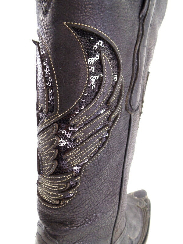 Westernstiefel 38 Schwarz Cowboystiefel Applikationen Paietten Leder spitz Rudel