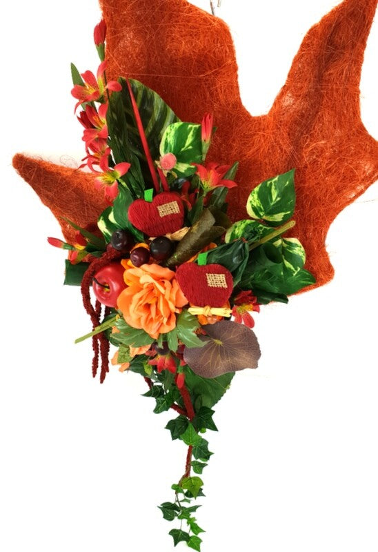 Gesteck Seide Ahornblatt Trocken Lachs Rot Kunstblumen Rosen Äpfel Früchte Deko