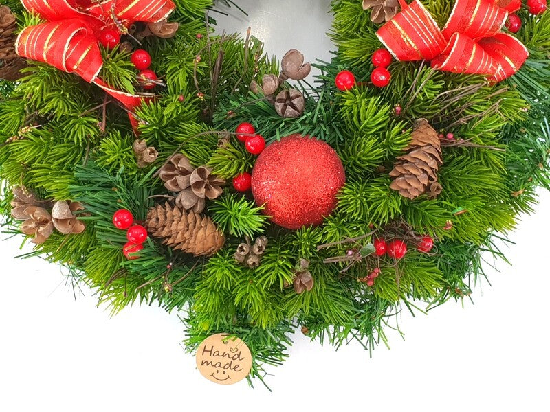 Kranz Tür Wand Kranz künstlich 35 cm Rot Grün Tanne Zapfen Kugeln Band