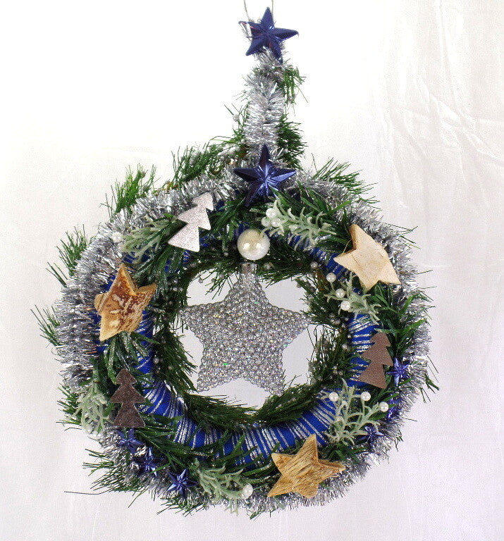 Türkranz Wandkranz Blau Silber Stern künstlich 25 cm Sterne Tannenbäume