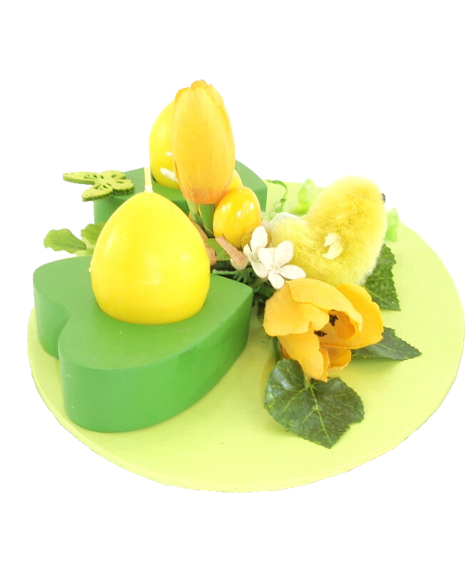 Gesteck Seide Grün Gelb Ostern Kunstblumen 2 Eierkerzen 2 Teelichter Dekoration