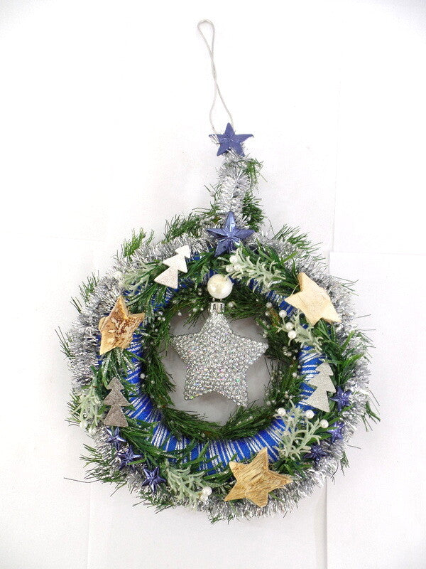 Türkranz Wandkranz Blau Silber Stern künstlich 25 cm Sterne Tannenbäume