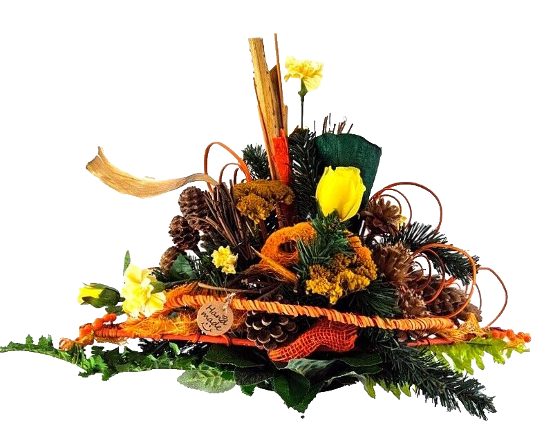 Grabstrauß Gelb Orange Naturmaterial künstliche Blumen Querstrauß Friedhof