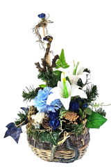 Casa-Poador Grabschmuck Grabgesteck Blau Weiß Lilien Zapfen Kunstblumen Tanne