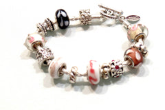 Armband mit Leder in Weiß, Rosa, Silberfarbene Perlen, Knebelverschluss Top