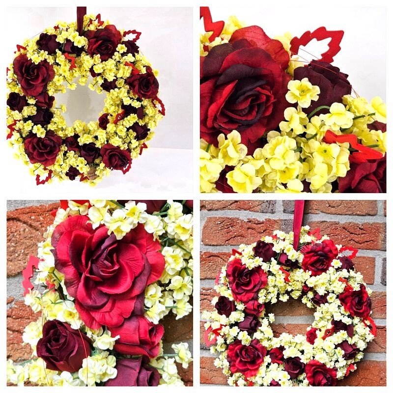 Kranz Tür/ Wand Kranz 40 cm künstlich wie echt rote Rosen Holzblätter Dekoration