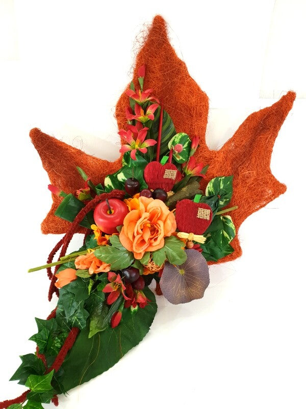 Gesteck Seide Ahornblatt Trocken Lachs Rot Kunstblumen Rosen Äpfel Früchte Deko