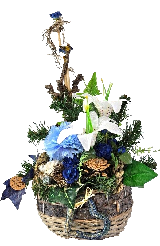 Casa-Poador Grabschmuck Grabgesteck Blau Weiß Lilien Zapfen Kunstblumen Tanne