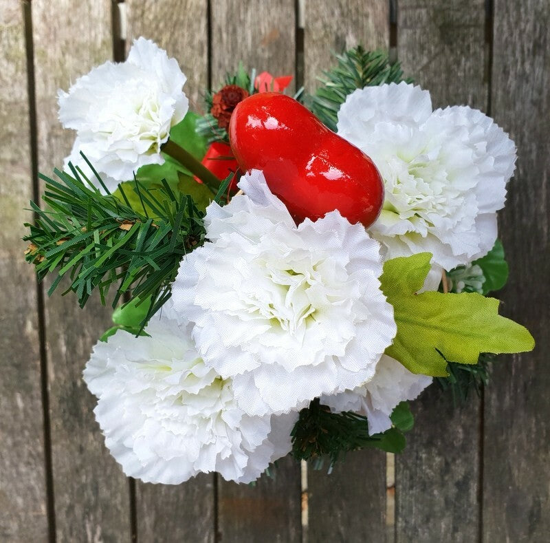 Gesteck Weiß Rot Seide Herz Nelken Kunstblumen künstliche Blumen Dekoration